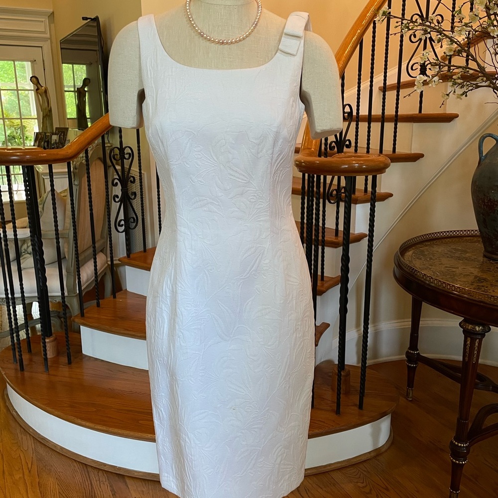 Talbots White Textured Square-Neck Midi Sheath Dress